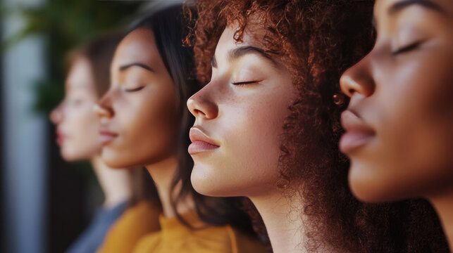 Women practicing mindfulness in a serene indoor environment during a relaxation session