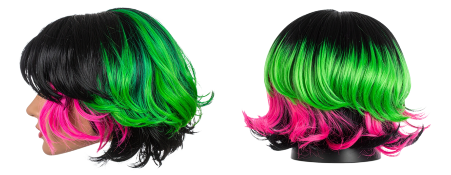 Short choppy wig in edgy punk style with bold colors, side view, isolated PNG