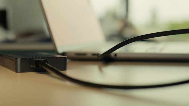 Connecting SSD, high-speed solid state drive in hard disk enclosure, connecting to laptop via high speed USB-C category 4 cable, high speed data transfer