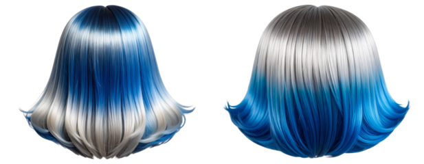 Gradient blue and silver long straight wig with center part, isolated on transparent background