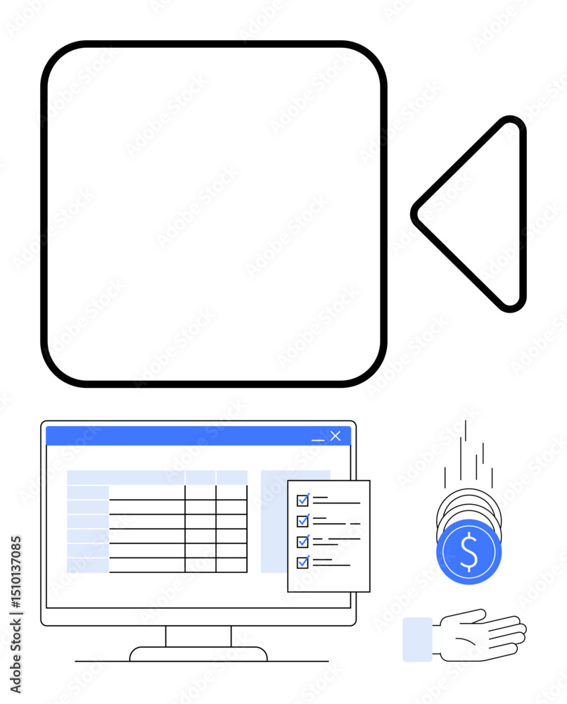 Poster computer screen showing task checklist and table, hand receiving coins, video element. ideal for rem