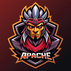 Fototapeta premium Eye-catching apache head esports mascot logo featuring fierce expression, vibrant colors, and bold design elements suitable for gaming branding and team representation