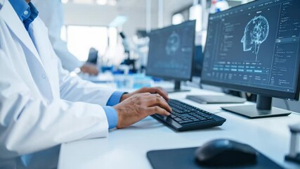 Science startup team develops innovative idea using computer technology to analyze brain data and perform advanced analysis in modern lab environment - Powered by Adobe