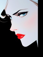 Anime illustration of woman with blue eyes and red lipstick gazing directly at viewer, her white hair set against simple black background.