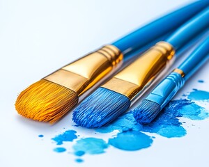 Paintbrushes and blue paint splatters on white background