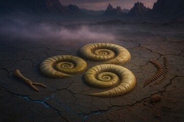 Spiral Bone Fossils and segmented skeleton arranged in cracked lake bed with mineral fog and twilight sky on alien world

