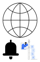 Globe outline for global communication, bell icon for notification, man measuring risk levels. Ideal for business planning, risk management, technology, communication, safety, alerts simple landing