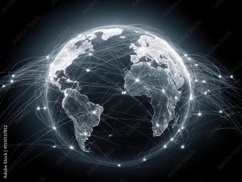 Poster global connectivity visualized through illuminated network lines and continents