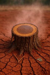 Tree Stump surrounded by cracked red soil in arid landscape with dust cloud curtain rising from dry terrain during drought conditions

