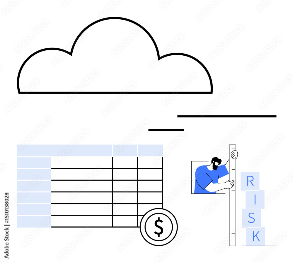 Poster cloud above data table with currency symbol and person managing risk blocks. ideal for finance, data