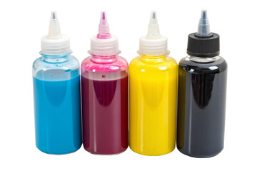 CMYK ink bottles, isolated PNG transparent background