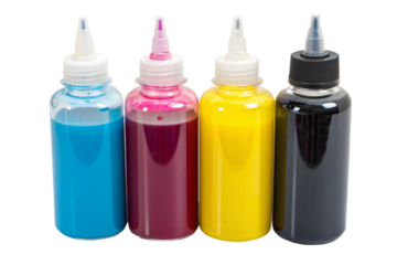CMYK ink bottles, isolated PNG transparent background
