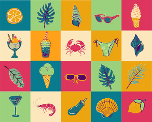 Italian style vacation hand drawn vector illustrations in mixed media collage style with doodle sketch elements