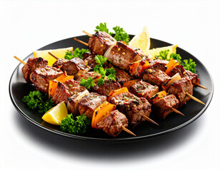 Fototapeta premium Juicy and perfectly grilled Turkish shish kebabs are served on a black plate with fresh parsley, lemon wedges, and colorful bell peppers, creating a mouthwatering presentation.