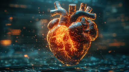 A detailed 3D rendering of the human heart, its intricate anatomy and delicate chambers laid bare against a backdrop of a stylized medical background, rendered by the power of generative AI,8k 