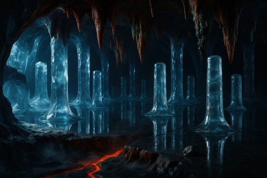 Volcanic Ice Cavern featuring extended ice pillar formations with distant lava stream and hanging copper-stone stalactites in frozen cave depth

 - Powered by Adobe