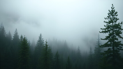 Misty forest landscape ethereal fog evergreen trees layers of pine trees, atmospheric mist