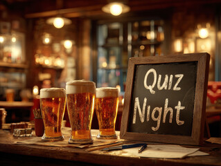 Exciting pub atmosphere with quiz night promotion and beers at dusk