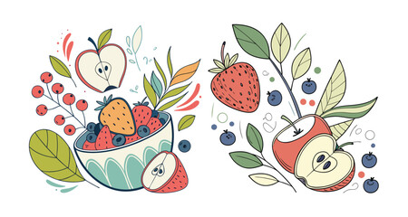 Colorful fruits,  berries vegetarian. Trendy abstract minimal style. Natural tropical fruits. Fig, cherry, apple, peach, lemon, banana, avocado, pomegranate, pineapple, melon. Vector illustration.