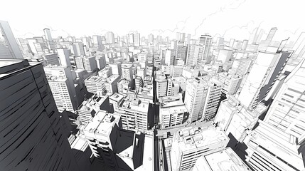 Monochrome cityscape from high vantage point, mix of tall and low rise buildings, intricate windows and balconies.