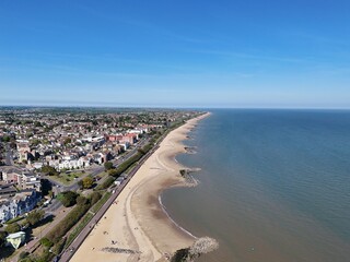 Clacton On Sea Essex beach  day clear blue sky drone,aerial .