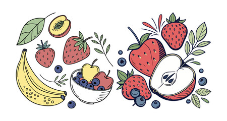 Colorful fruits,  berries vegetarian. Trendy abstract minimal style. Natural tropical fruits. Fig, cherry, apple, peach, lemon, banana, avocado, pomegranate, pineapple, melon. Vector illustration.