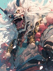 A fierce oni-warrior, adorned in traditional Japanese armor with intricate designs, gazes intensely with sharp teeth and piercing yellow eyes.