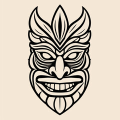 Intricate Polynesian Tribal Mask Design, Black and White Line Art