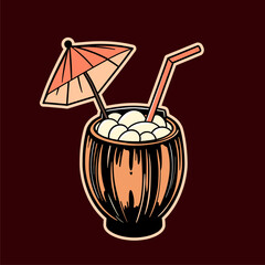 Tropical Coconut Cocktail Illustration: Summer Drink in Coconut Shell