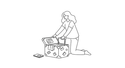 Line Drawing Woman Packing Suitcase Preparing for Travel