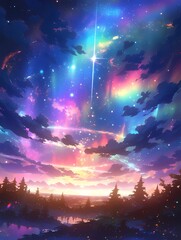 Anime illustration: Breathtaking night sky reflected in a serene lake and forest, bathed in the warm glow of a setting sun.