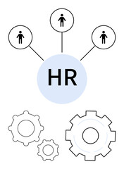 HR focus circle connected to three individuals, surrounded by process gears. Ideal for recruitment, teamwork, workflow, employee management, organization, leadership, simple landing page