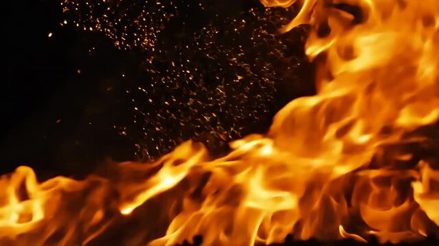 Fiery Inferno: An artistic shot of an intense blaze with vibrant orange flames, flickering in the dark. Capture the heat and destructive power of nature's force. 