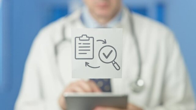 Medical professional reviewing digital health records on transparent touchscreen, verifying patient information using tablet during clinical documentation process in modern hospital setting