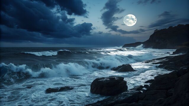 Night Tide: A mesmerizing seascape at night, with moonlit waves crashing against a rocky shore, under a dramatic, cloud-filled sky, evoking the raw power and serenity of nature.