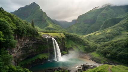 Hanalei Bay Waterfall: A majestic waterfall plunges into the turquoise waters of Hanalei Bay, surrounded by lush green mountains and a serene tropical paradise.