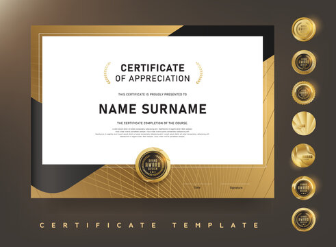 Elegant luxury certificate template with black and gold curve design Ideal for corporate awards professional recognition and formal events - Powered by Adobe