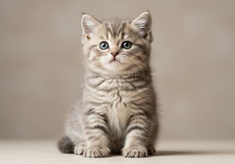 Obraz premium Cute tabby kitten sitting upright looking at the camera