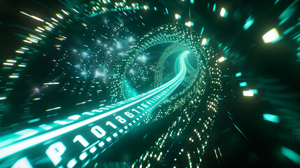 Futuristic DNA double helix transforming into glowing data streams with binary code, dynamic motion blur and neon electric blue-green light trails symbolizing high-speed biotech innovation