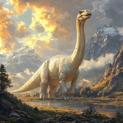 Majestic dinosaur stands tall amidst a serene mountain landscape at sunrise.  A gentle golden light bathes the scene