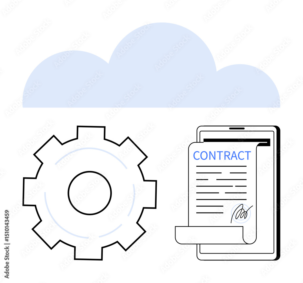 Poster cloud storage, large gear symbolizing automation, digital tablet displaying signed contract. ideal f