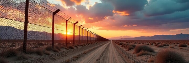 Obraz premium A desolate border fence stretches across a barren landscape under a dramatic sky, emphasizing the harsh realities of border control and territorial divisions , separation, exile