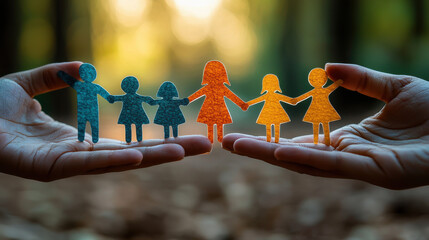 A diverse array of individuals, united by a shared concern for social well-being, held aloft paper cutouts representing various societal needs: a family, a home, an adoption foster care program, 