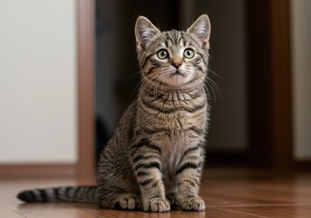 Obraz premium Striped tabby kitten sitting on wooden floor looking up