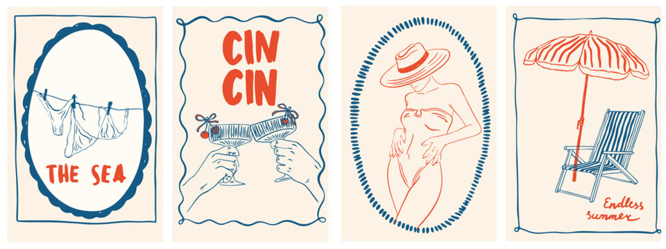 Summer Italy la dolce vita vintage posters. Amalfi or Sicily of postage stamps with image of Italian Mediterranean cocktails, woman, beach decor. Minimalist line art.  Vector illustration ink doodle 