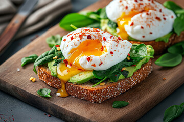 Spinach and avocado toast on whole-grain bread, topped with a poached egg and sprinkled with chili flakes, served on a wooden cutting board.