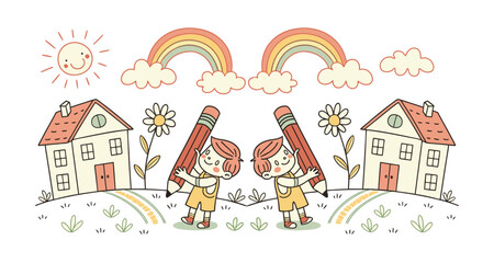 Naklejka premium Kid crayon hand drawn background. Children school pencil bg. Cute summer flower, cloud, house, rainbow sun child icon. Vector kid sketch illustration. Cute crayon children pattern. Color pencil doodle