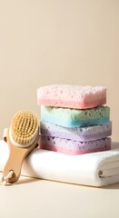 Pastel Bath Sponges and Wooden Brush on a Towel