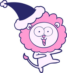 happy hand drawn line drawing of a lion wearing santa hat