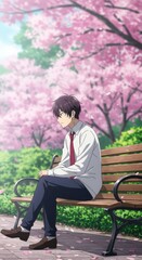 Youthful Serenity: Anime Boy Contemplating Under Cherry Blossoms